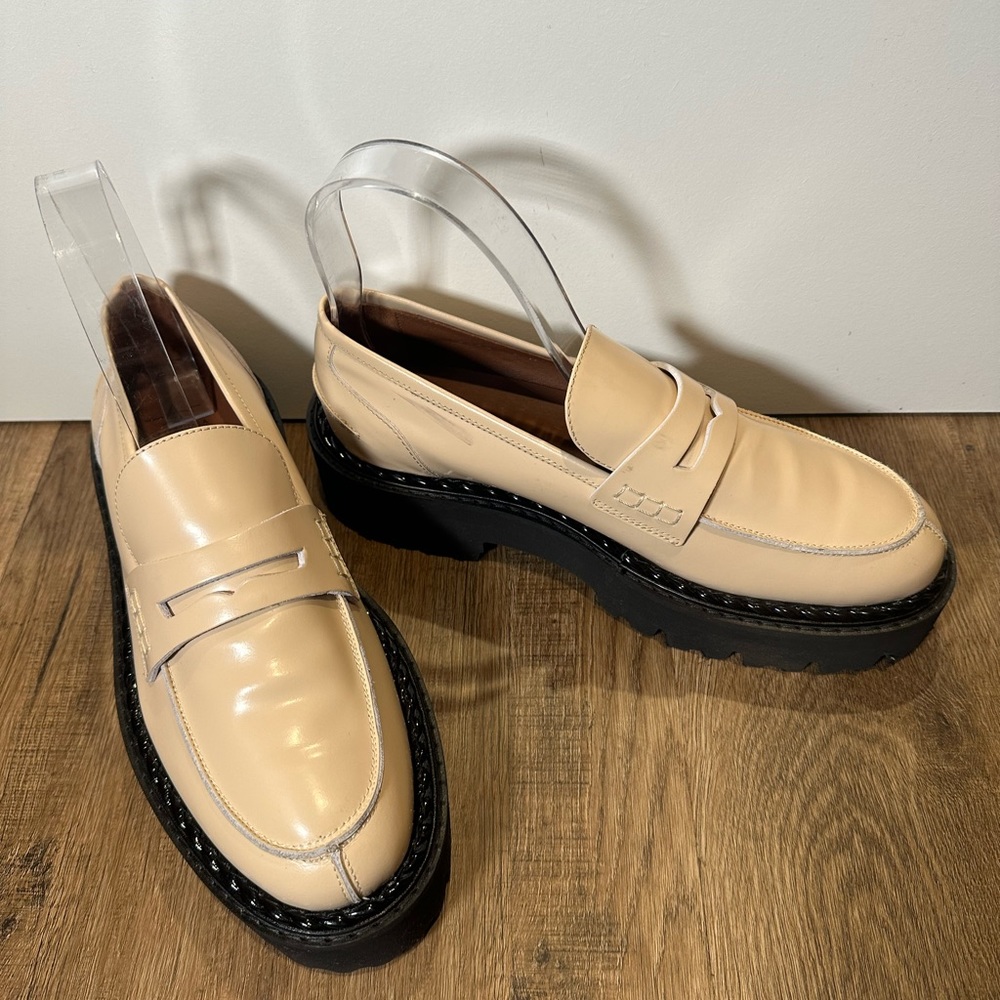 Aquatalia Beige Leather Lug Sole Penny Loafers